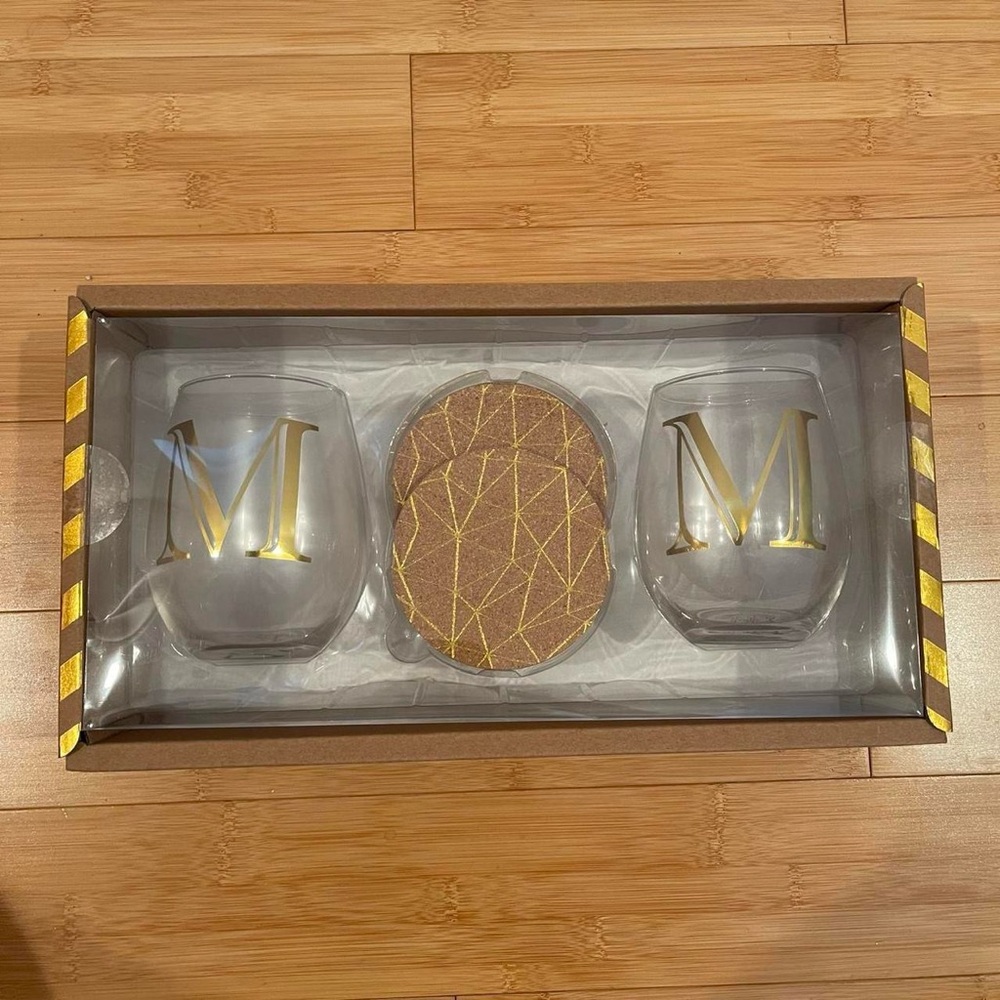 Gold Monogrammed M Letter Glass Cups and Coasters Gift Set BRAND NEW